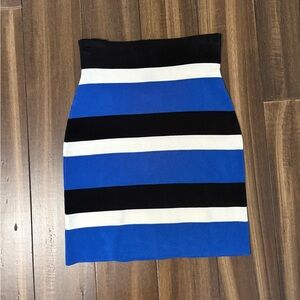INC Sz S Mini Bodycon Skirt Blue Black & White Striped Stretchy Zip Up High Rise